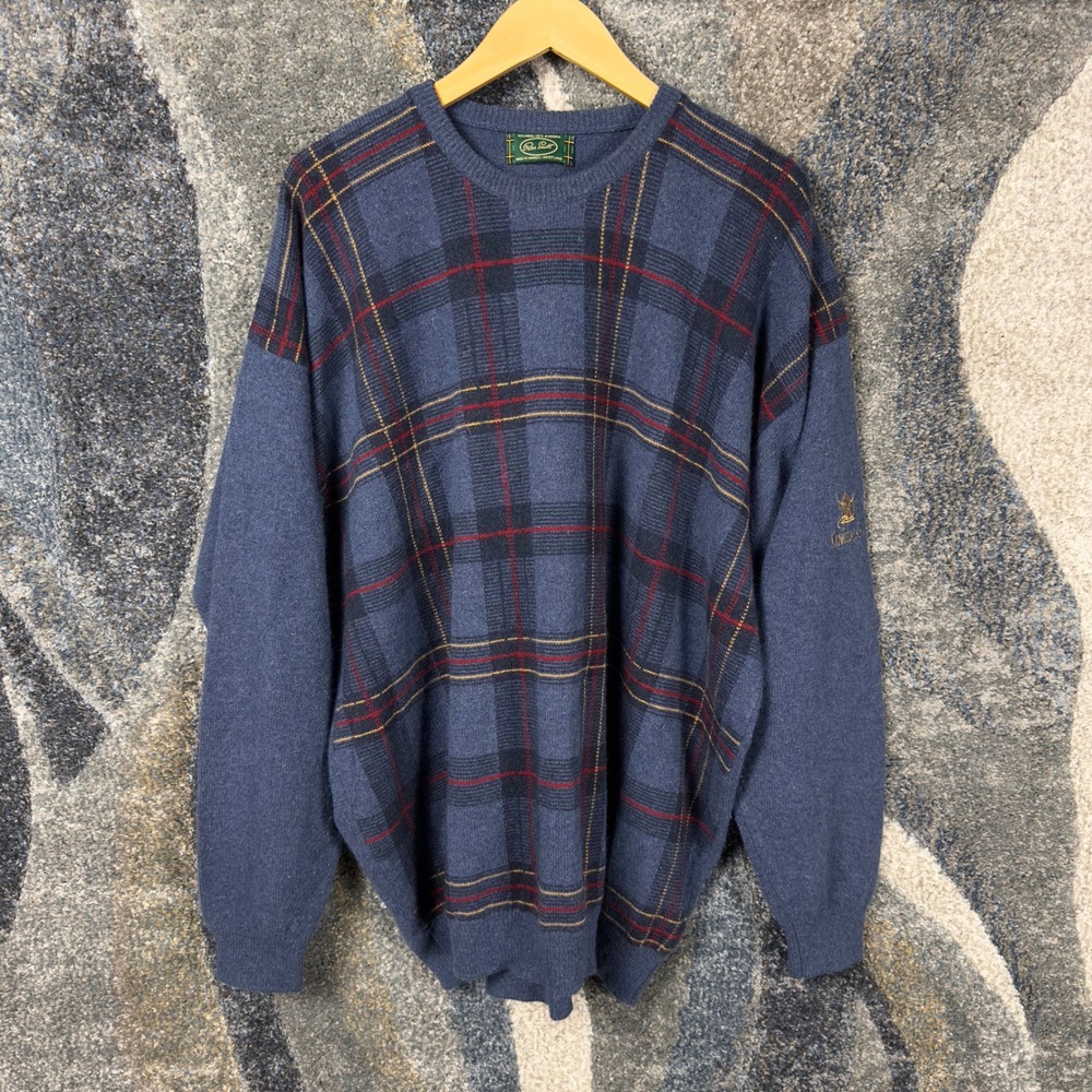 Vintage Peter Scott Plaid Sweater Mens XL Blue Wool Angora Scottish Golf